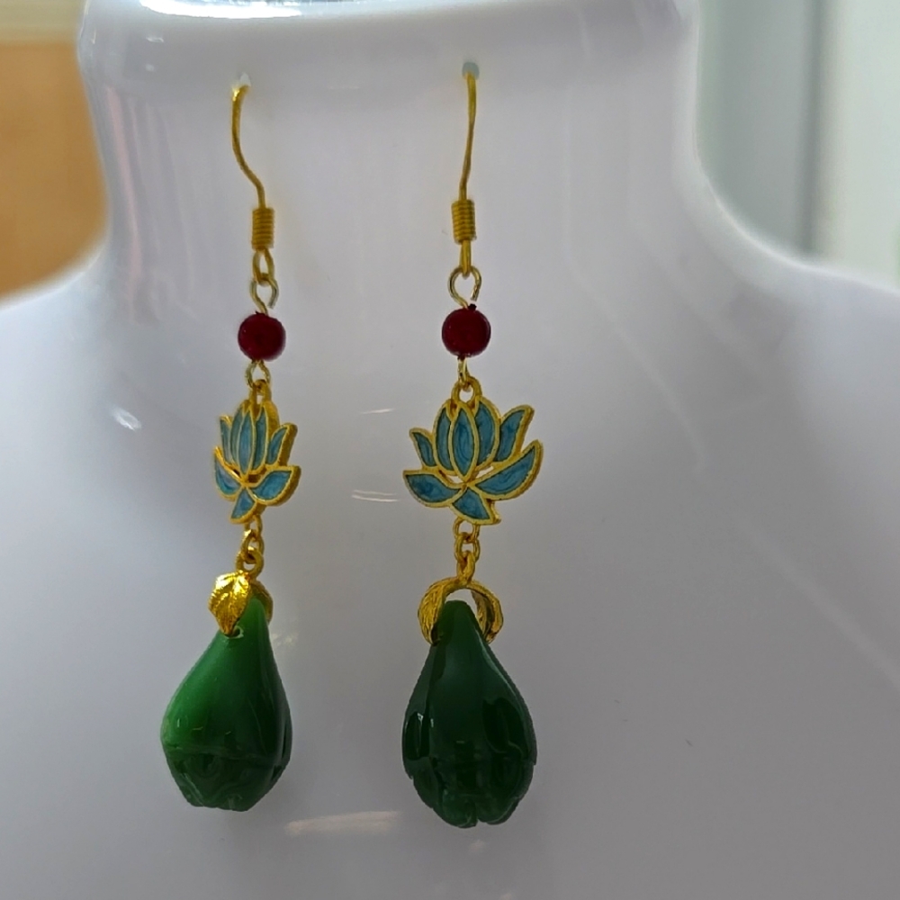 Elegant Green and Gold Lotus Earrings